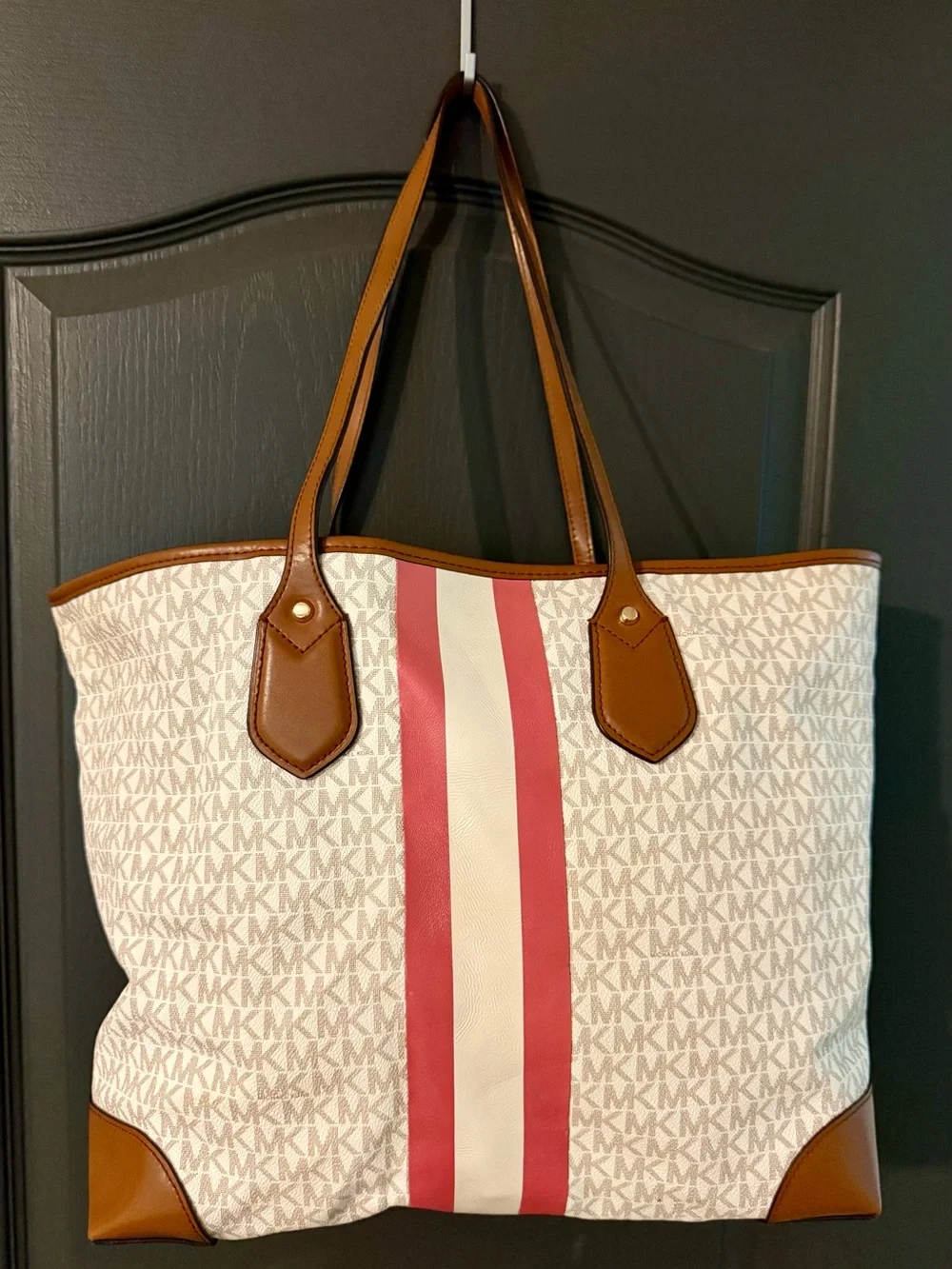Michael Kors Cream Tote with Pink Stripe and Brown Trim